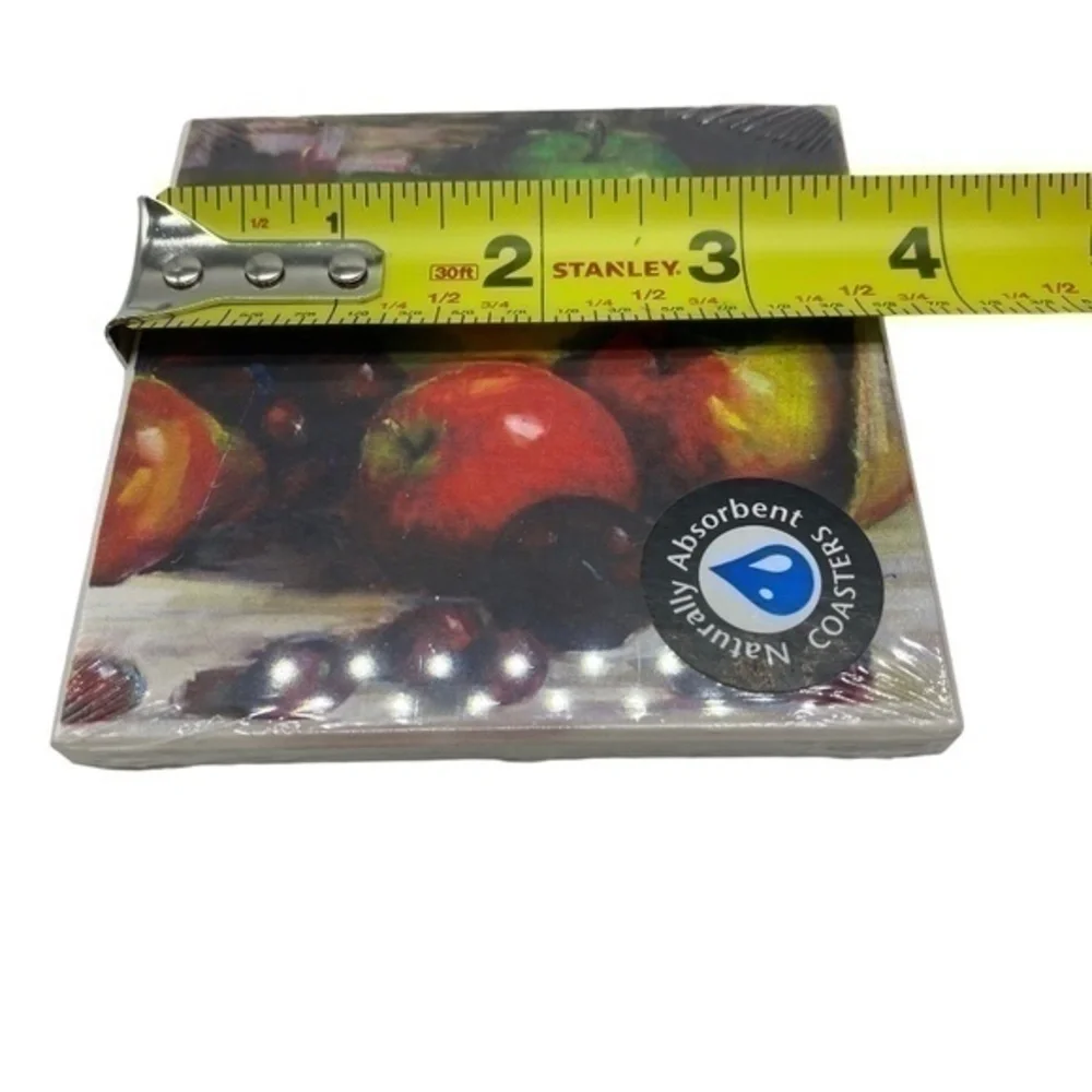 Coaster Absorbent With Natural Cork Back of Apples and Grapes Set of 3